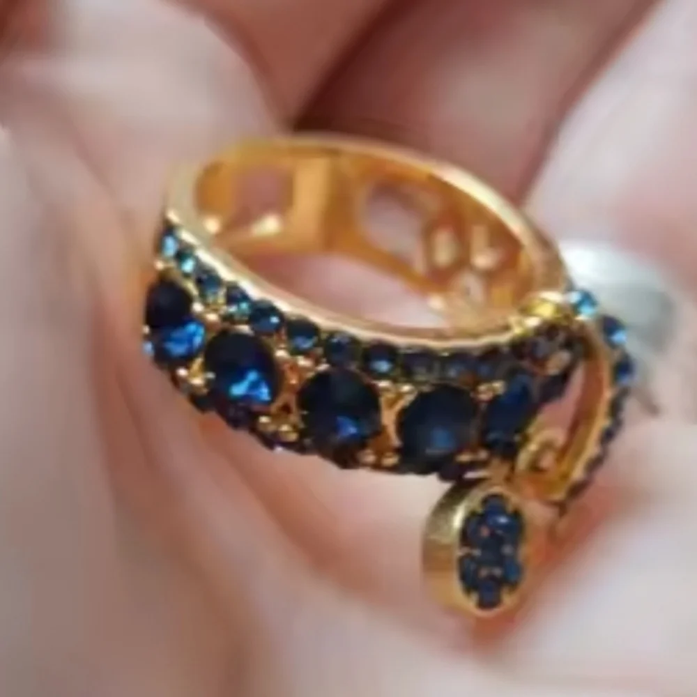 Elegant Golden and Blue Gemstone Ring Sz 8